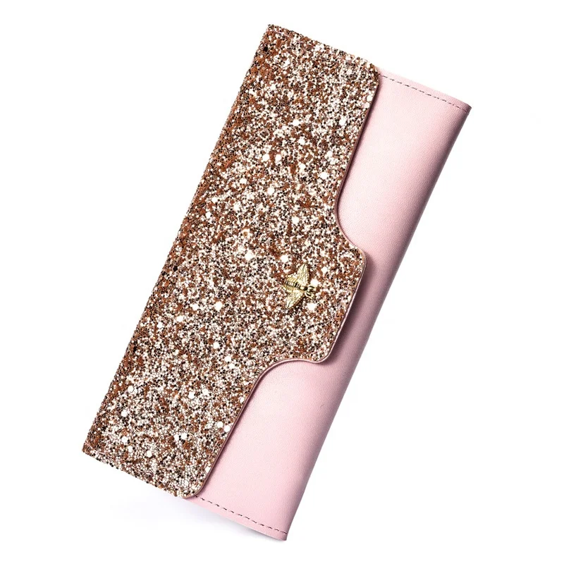 

China Leather Suppliers Hot Selling Women Luxury Wallets Leather Korean Bling Sequins Leather Woman Wallets