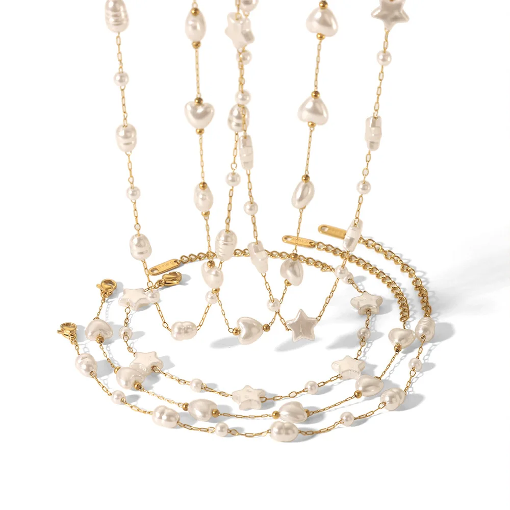 YF3872 New Tassel Stainless Steel Waterproof Jewelry Set 18k Gold Plated Hear Shaped Star Pearl Necklace Bracelet