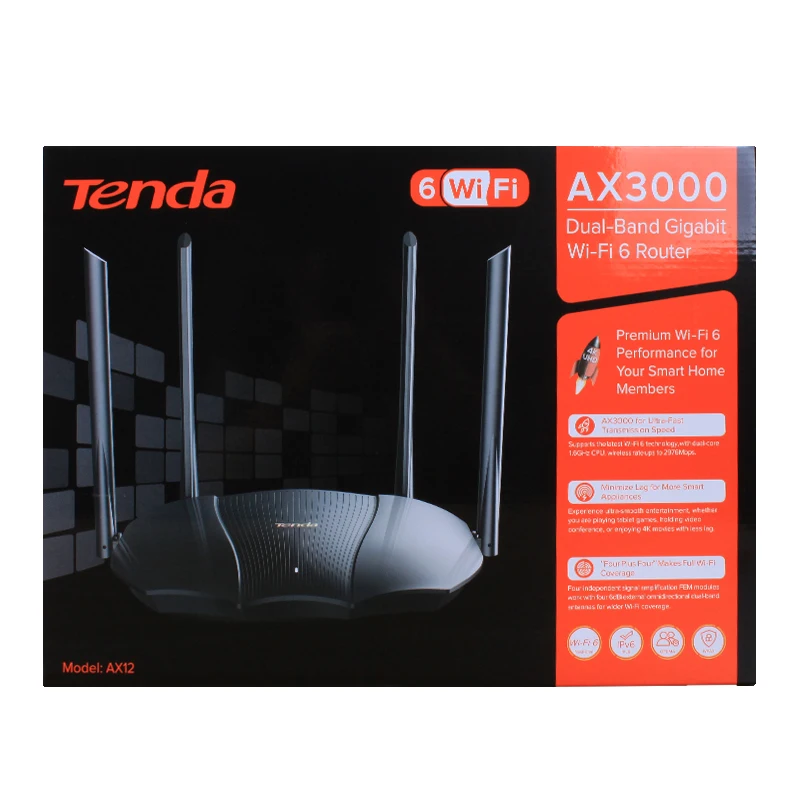 

Gigabit Router WiFi 6 Tenda AX3000 AX12 3000Mbps Wireless 2.4/5G Dual Band OFDMA MU-MIMO IPv6 Security with power router, Black