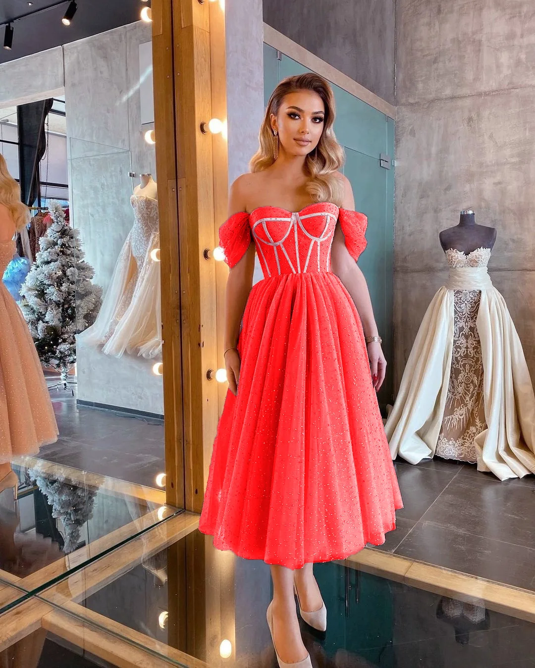 

2021 new fashion style temperament sequined princess mid-length wedding evening dress sexy big swing evening dress, Red purple pink