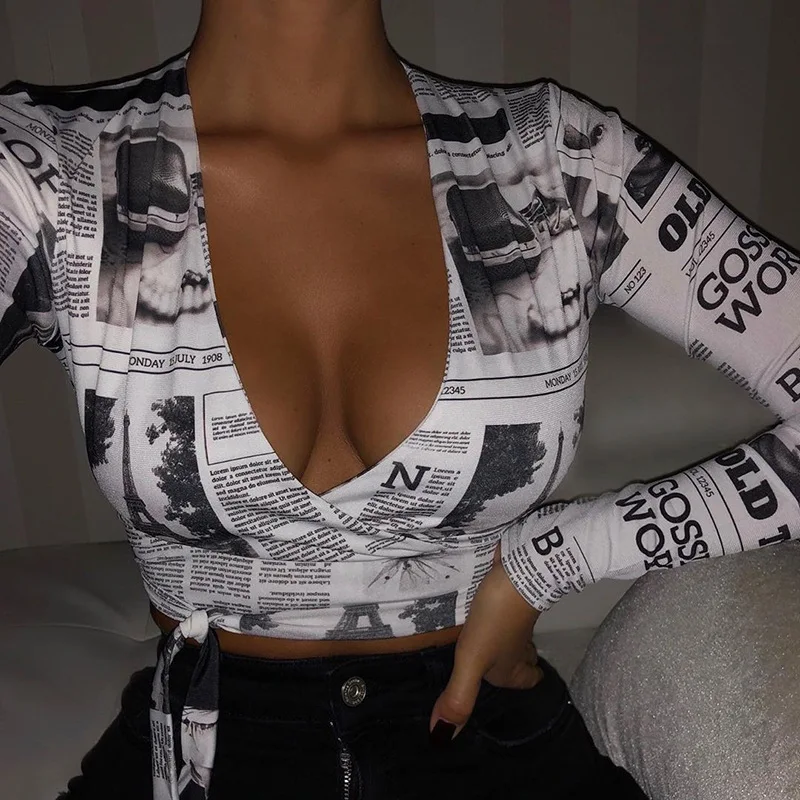 

2021 Spring Crop Top Long Sleeve Wrap V Neck T Shirts Sexy Blouses Tops Woman Sexy Crop