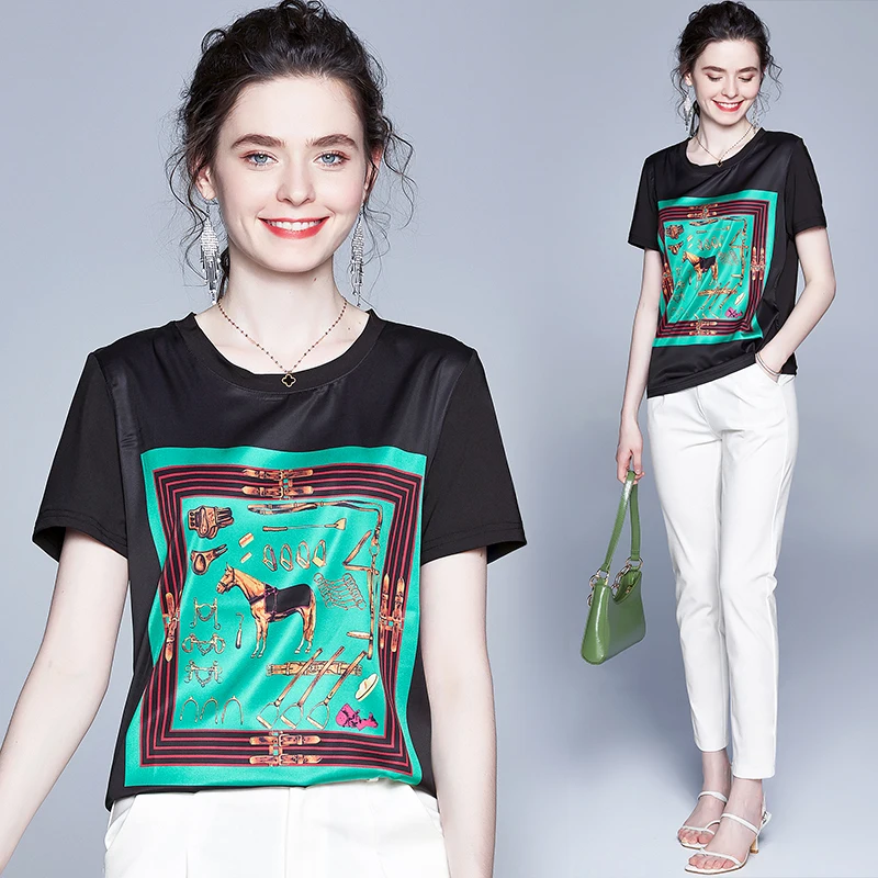 

In stock 2021 hot sale cheap price fashion casual round neck short sleeve summer black personalized women floral t shirts