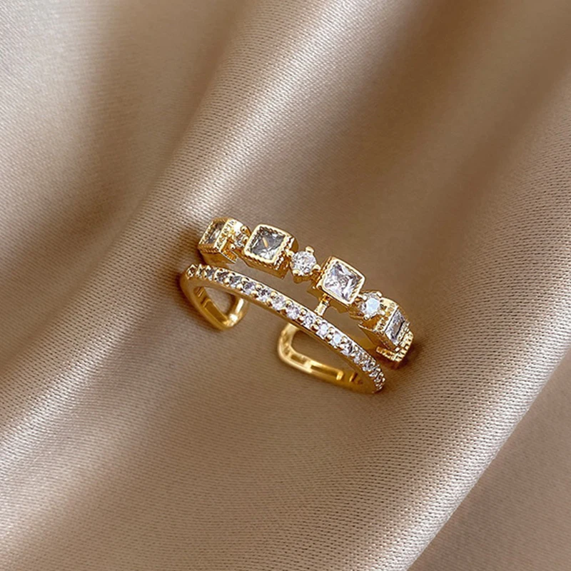 

2021 New Exquisite Cubic Zircon Double Opening Ring 18k Gold Plated Crystal Finger Ring For Women Girls Gift, Gold color