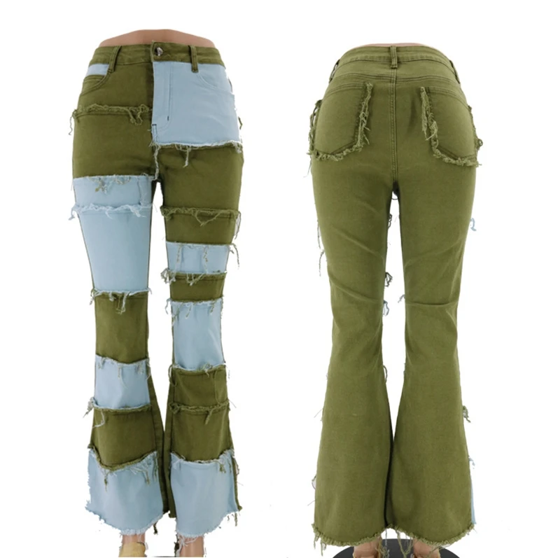 

ANL2072 2020 new fashion stitching high waist tight hip horn women's denim pants, Accept customization