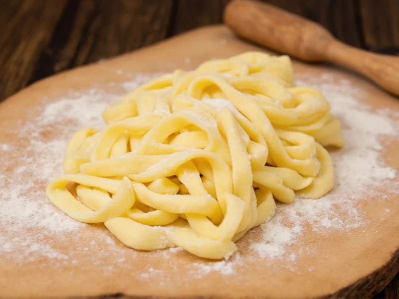 Homemade fettuccine dough on wooden board