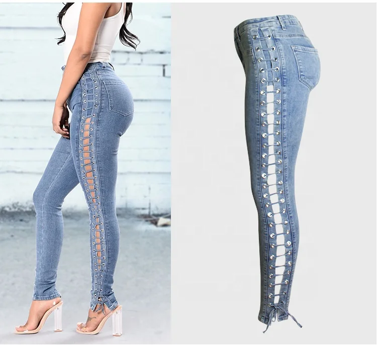 

Hot Sexy Skinny Girls Tight High Waist Stretch Pants Crisscross String Bundle Jeans Women, Denim blue