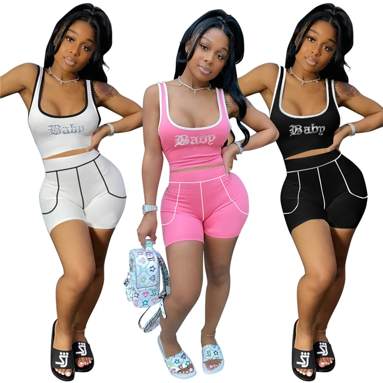 

DUODUOCOLOR Solid color sexy sports leisure vest outfit women summer sleeveless short two piece sets D97382
