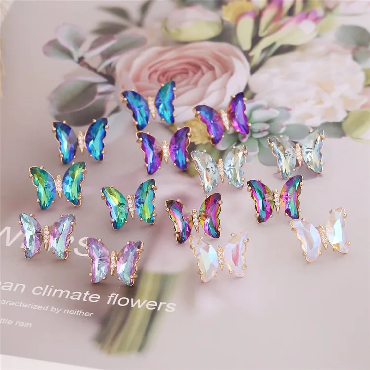 

S925 Silver Needle Gradient Stud Earring Colorful Butterfly Crystal Earring for Women, Gold plating