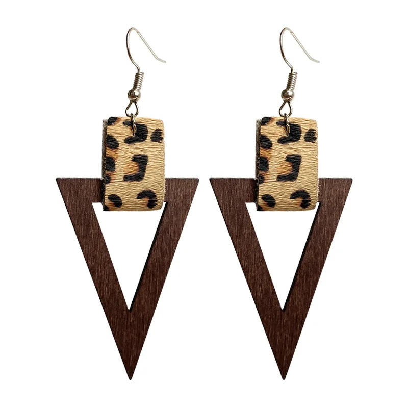 

Leopard Print Leather Woody Ancient Bohemia Geometry Huggie Earrings African Style Wood Earrings For Women Girls, Picture shows