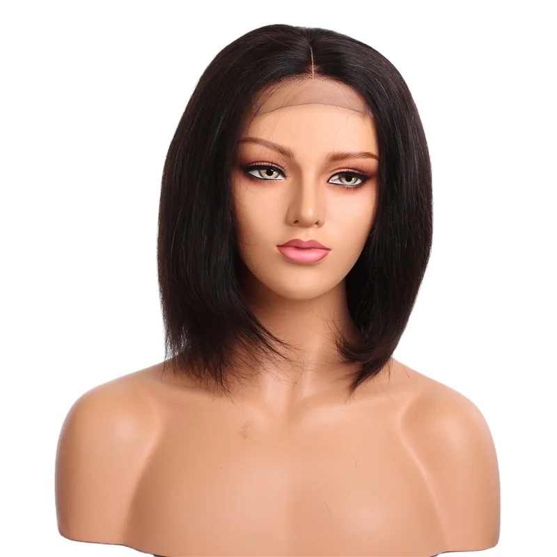 

Wholesale Price High Quality Raw Indian Hair Natural Color Medium Length Straight Human Hair Wig 4x4 Lace Closure Bob Wigs, As picture