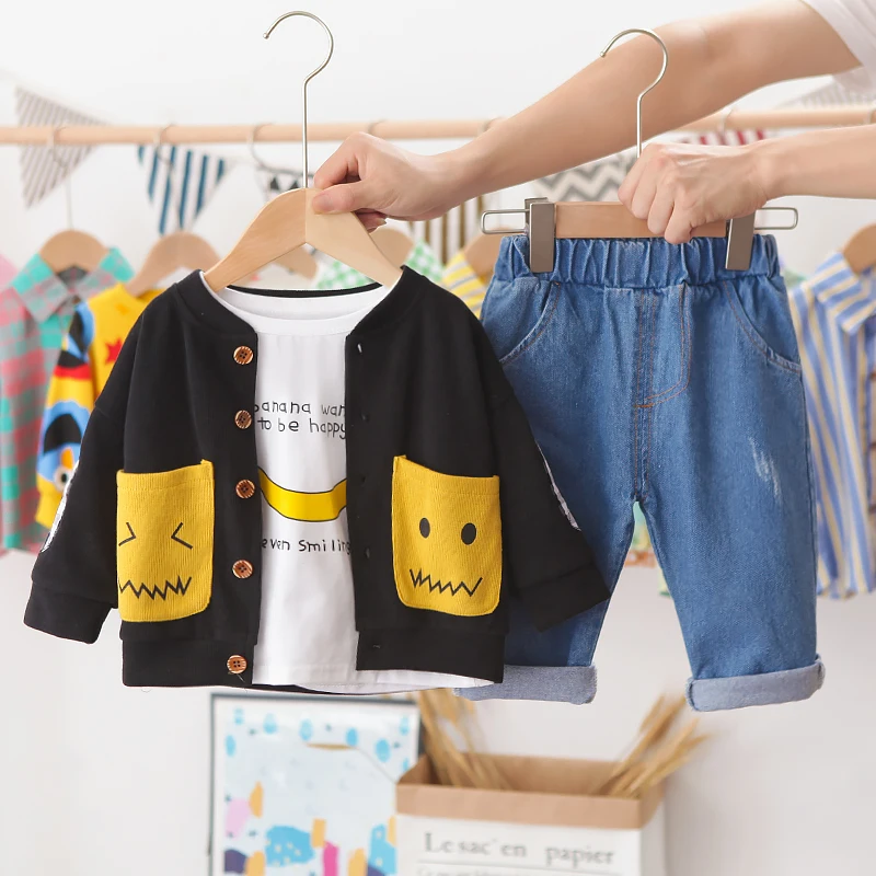 

2021 hot sale boys' corduroy knitted jacket plus fleece T-shirt bottoming denim trousers 3-piece suit children's autumn and wint