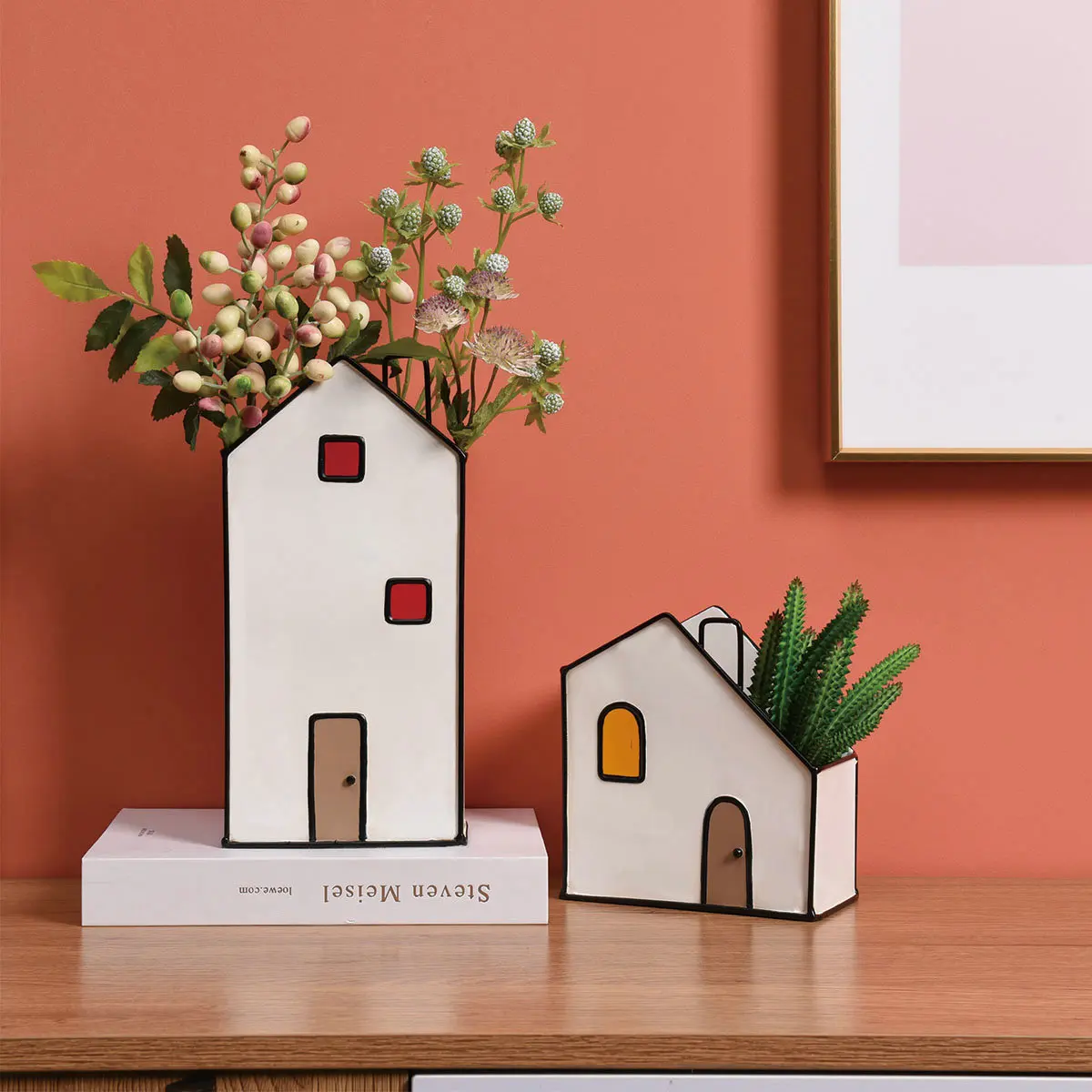 Image of Set of 2pcs Hot Sell Modern Metal Flower Home Decor Vase House Shape Indoor Flower Pot