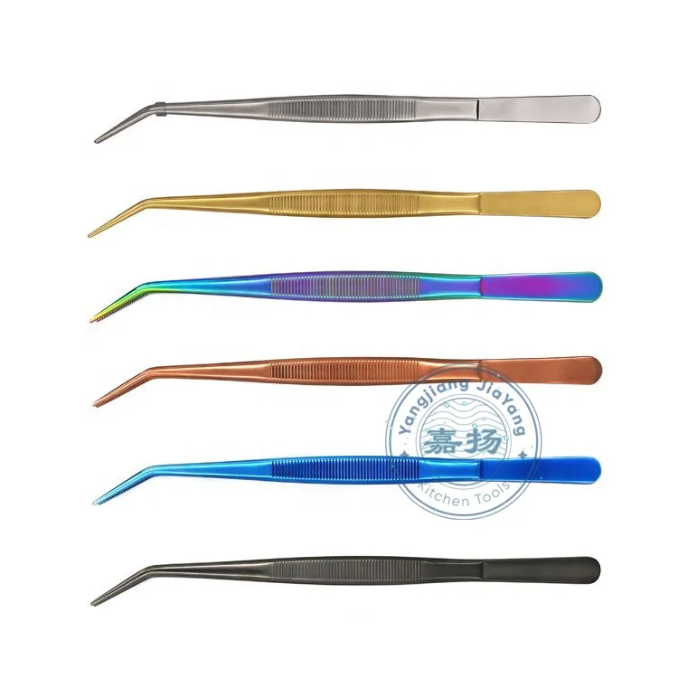 

(JYKTT-A135)curved tip Chef Tweezer wholesales in stock Stainless Steel Colorful 8 inch accurate fine for small things, Customized color