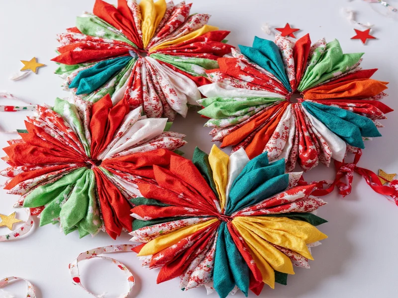 Colorful fabric scraps shaped into Christmas ornaments