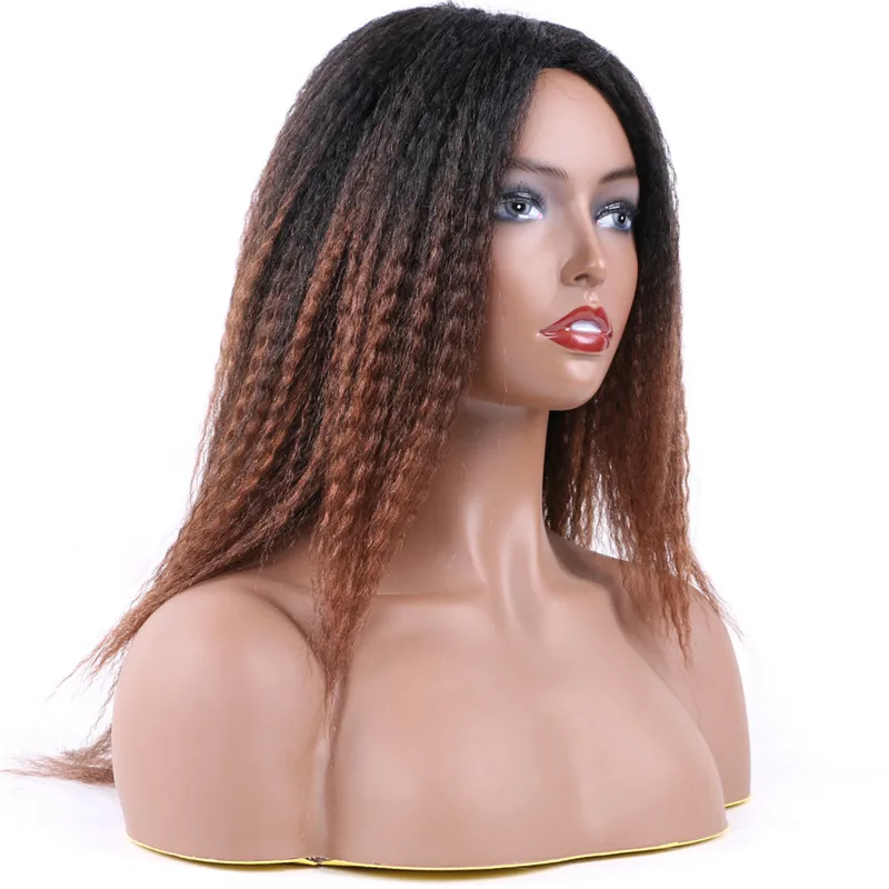 

Ombre Wigs Afro Fluffy Yaki Kinky Straight Synthetic Perm Marley Hair Wig Non Lace Machine Sewing Wig 14inch, Natural black, ombre colors dark roots