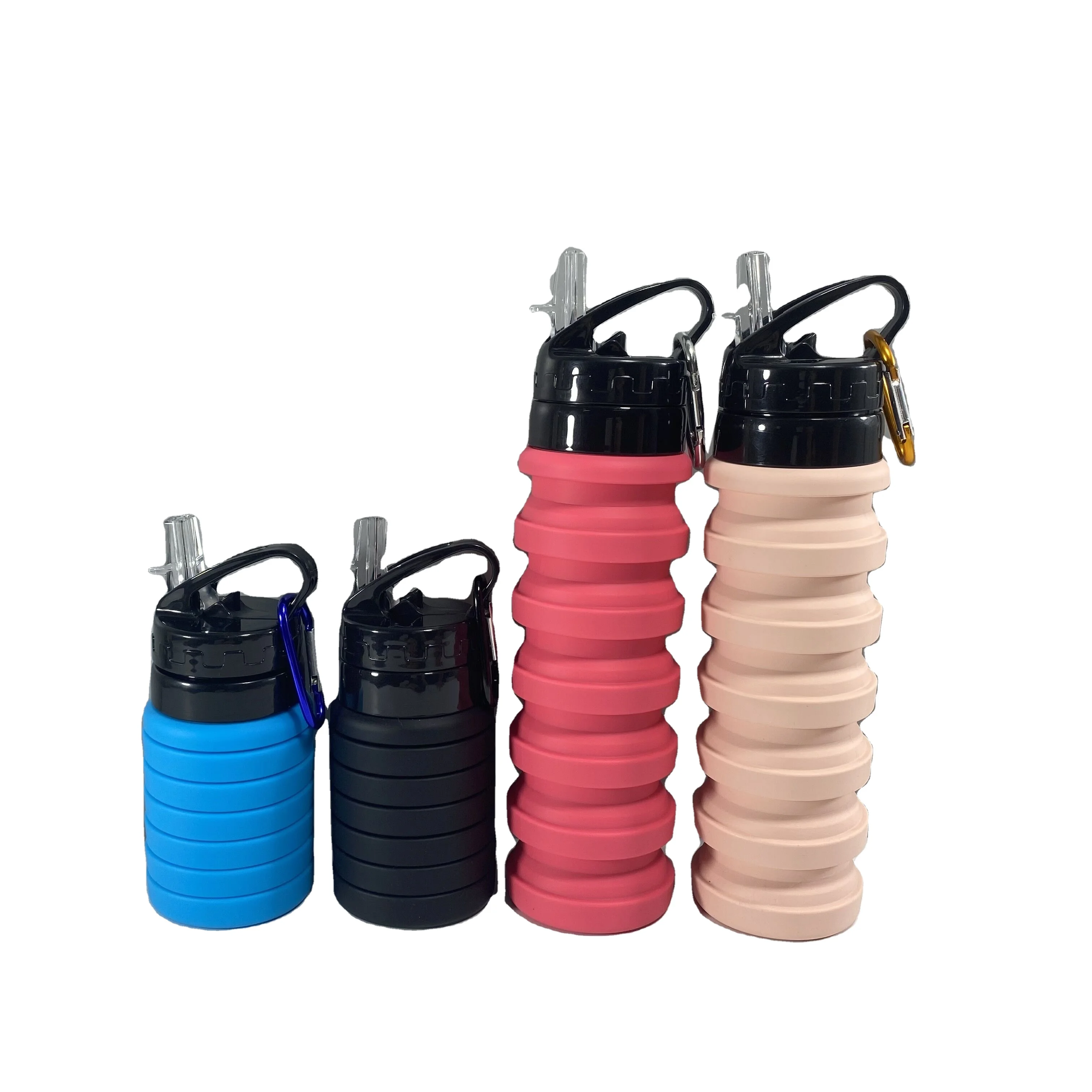 

Custom Logo 500ML Sport Travel Camping Portable BPA Free Foldable Collapsible Folding Silicone Water Bottle With Carabiner, White for sublimation