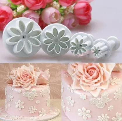 

4Pcs Plum Flower Plunger Fondant Mold Cutter Sugarcraft Cake Cookie Decorating, White