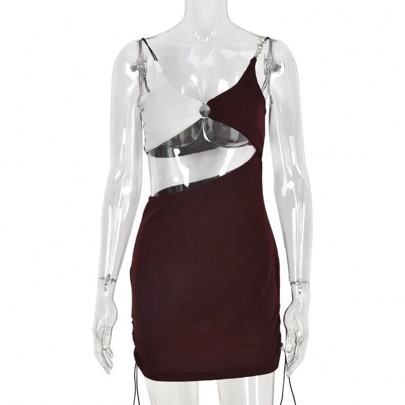 

Hot Selling Sexy Lace Up Umbilical Sling Contrast Color Short Dress