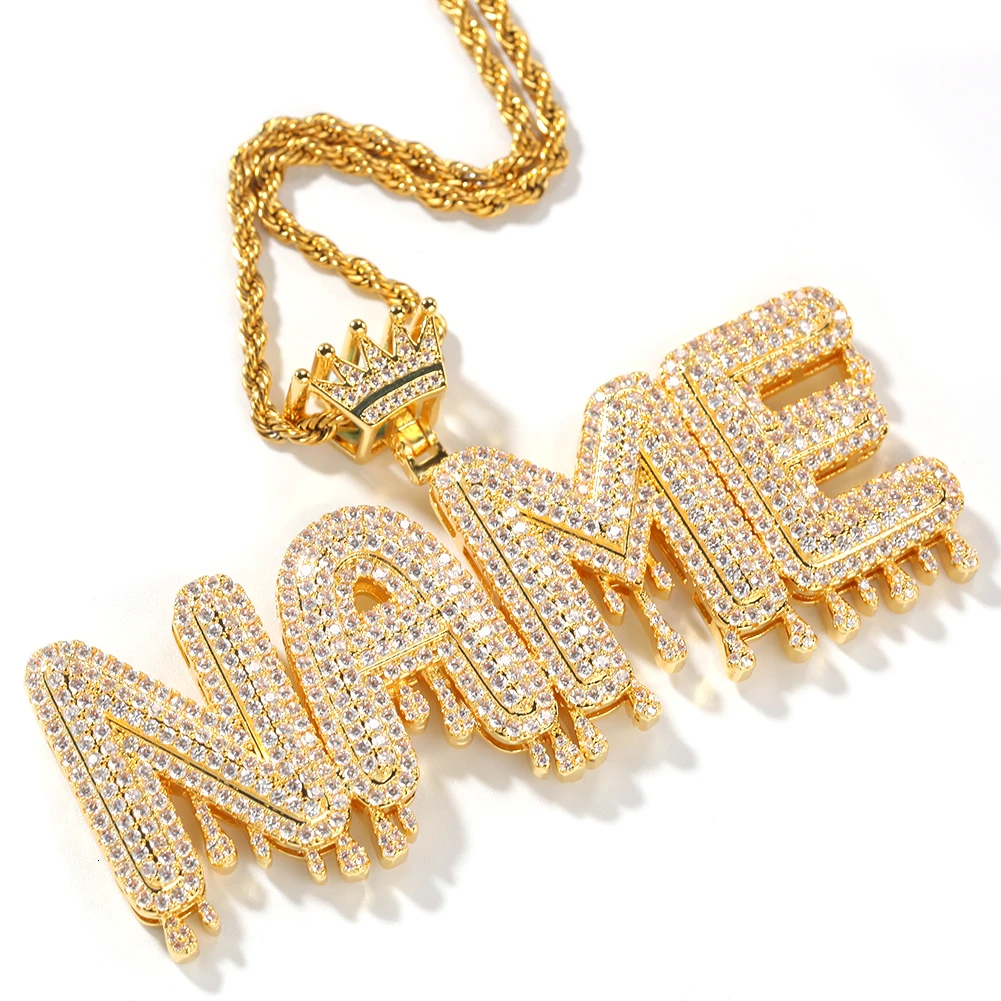 

Name Necklace Men Rose Gold Commission Gift Jewelry Cuban Rope Chain Customize Drip Crown Letter Pendant Necklace, Silver color