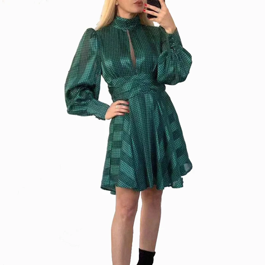 

Commuter Stripe  High Collar 2020 Onepice Summer Woman Fashion Ladies Green Dress