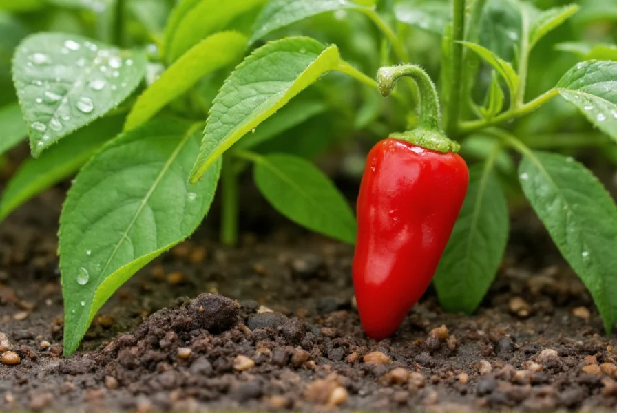 Close-up photograph of red Trinidad Scorpion pepper growing on plant with soil texture visible and morning dew on leaves