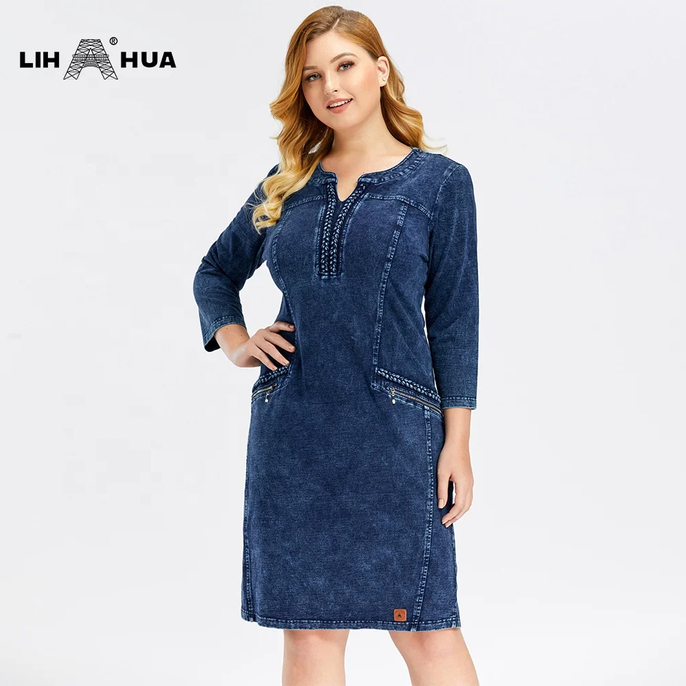 

Women's Plus Size Knitted Denim Dress Slim Fit Casual Dresses Shoulder Pads 3/4 Sleeve Midi Dress