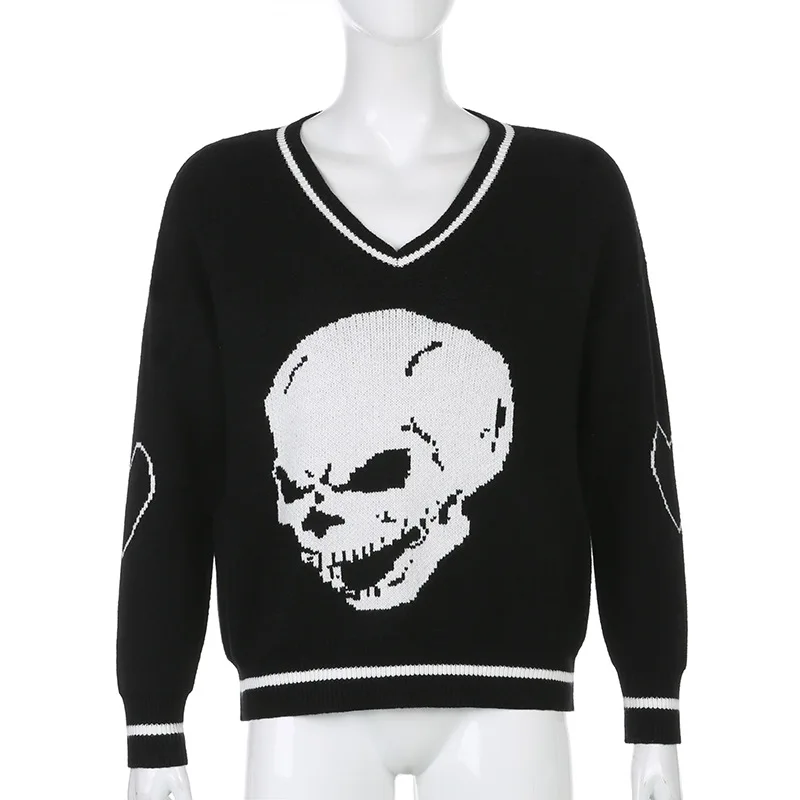 

Black V-neck Long Sleeve Skull Print pattern Women's Sweater skeleton sweater, Customized color
