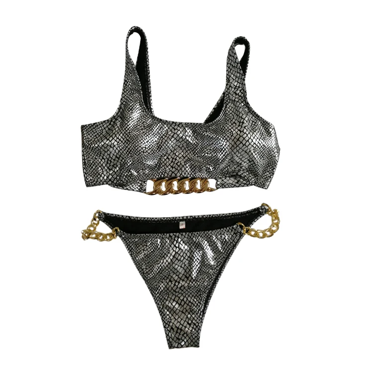

Women's Sexy Shiny Snakeskin Print Halter Thong Swimsuit Bathing Suit Metal Chain Triangle Two Piece Push Up Padded Bikini