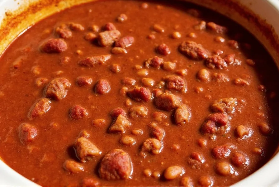 Authentic Texas-style crockpot chili without beans in slow cooker with rich red color and visible meat chunks