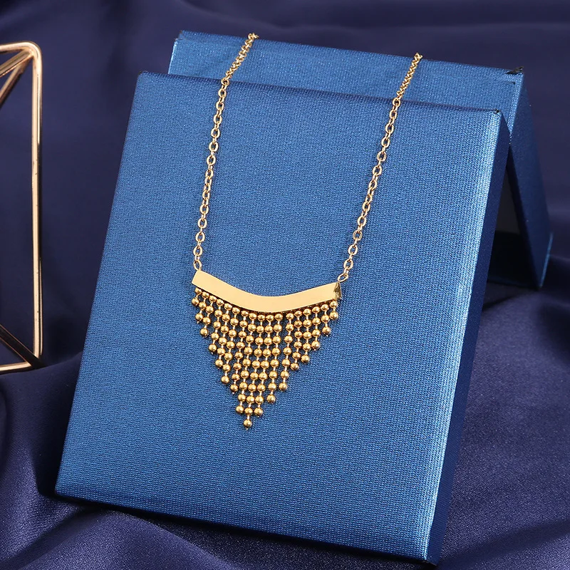 

Daicy unique design fashion stainless steel gold beads tassel geometric designer necklace