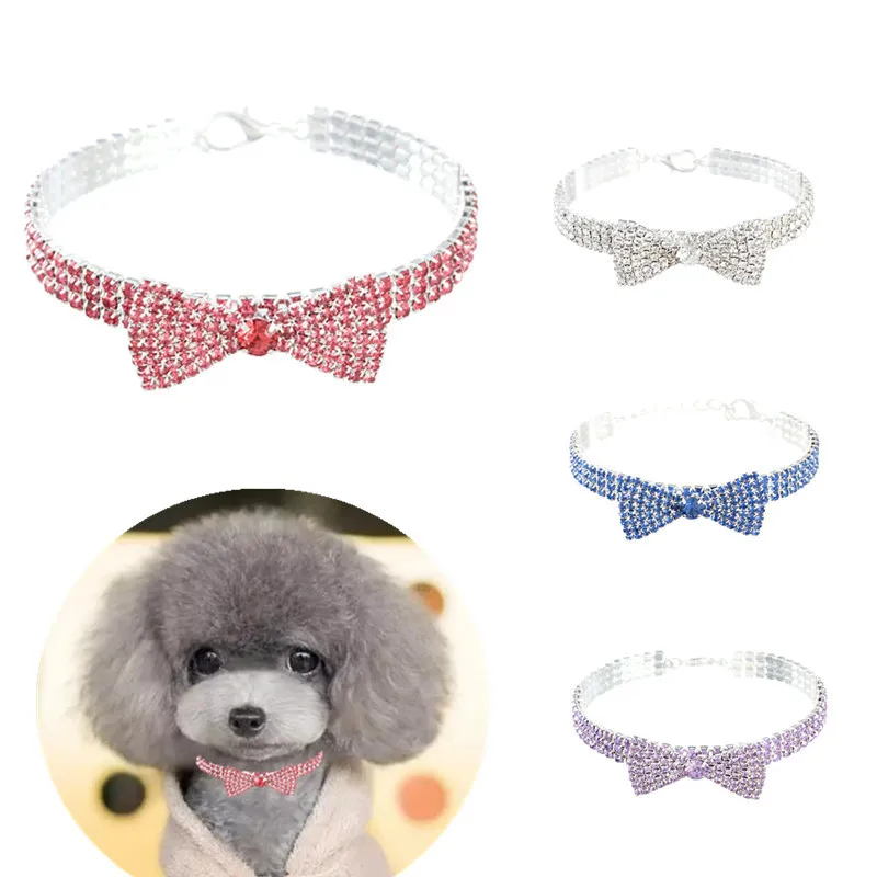 

Three Row Pet Necklace Bowtie Rhinestone Pet Collar Cat Dog Jewelry Multicolor Available Pet Rhiestones Bowtie Necklace