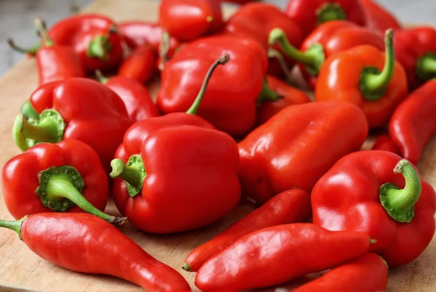 Close-up view of different red pepper varieties including bell peppers, cayenne, and jalapeños arranged on wooden cutting board