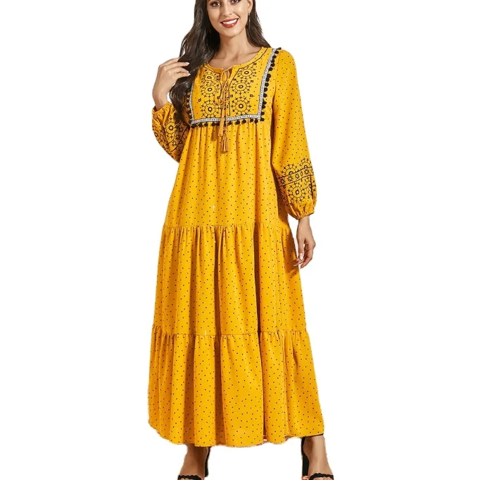 

Arabic muslim party dresses embroidered ruffled casual muslim dresses, Yellow