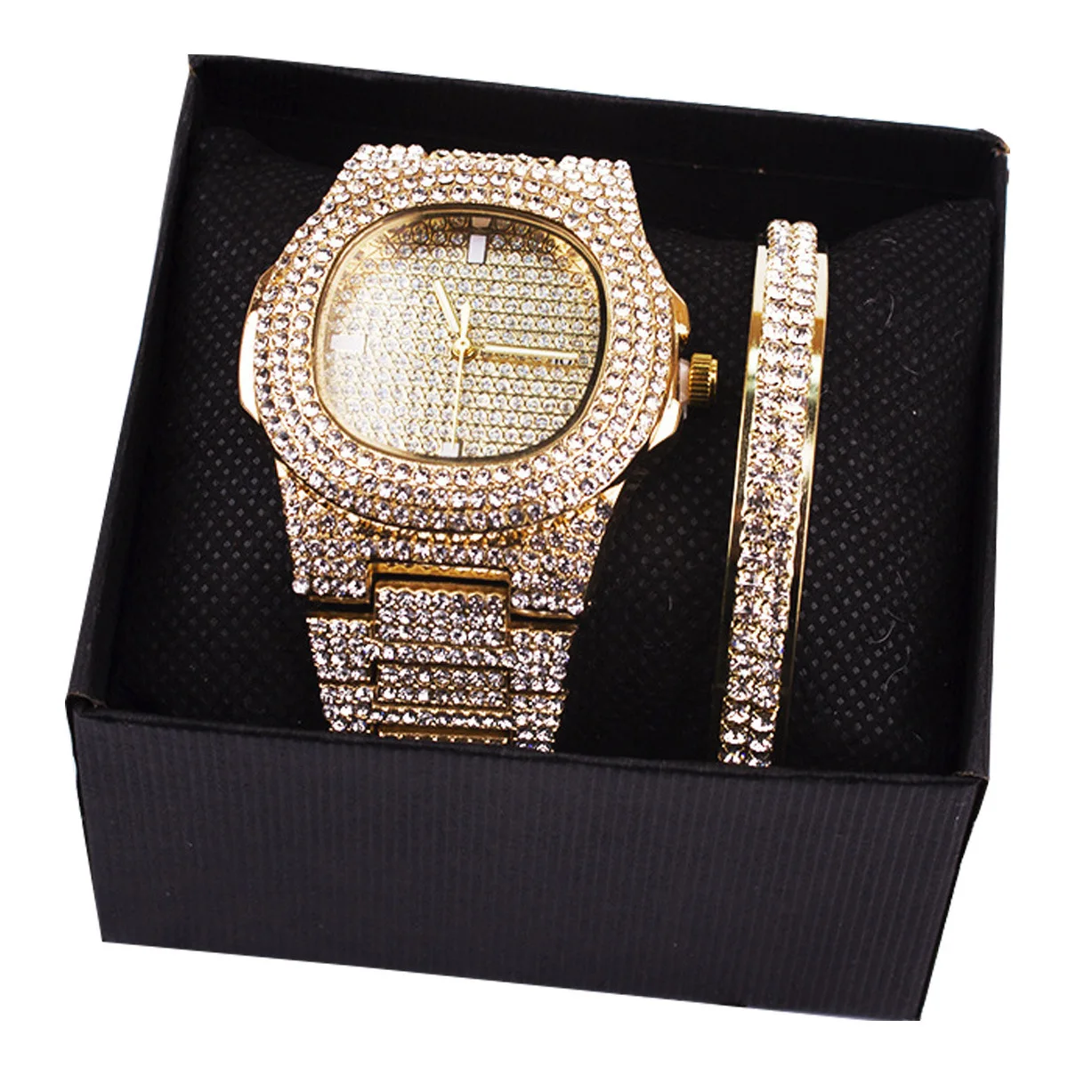 

Luxury Full Rhinestone Quartz Watch Gift Set with Stainless Steel Band Stylish Golden Bracelet Gift Sets For Men Custodibus set