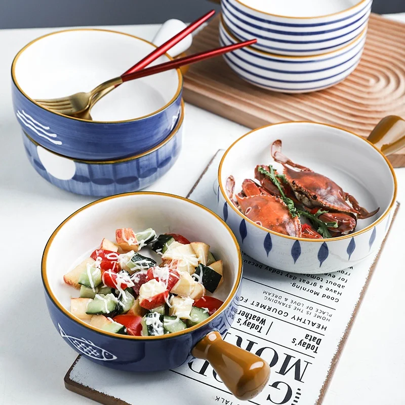 

Japanese Household Ceramic Tableware Fruit Salad Noodle Soup Baked Rice Single Handle Bowls, Blue