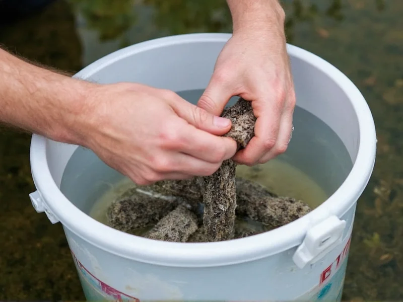 Hands cleaning pond filter media in bucket of pond water