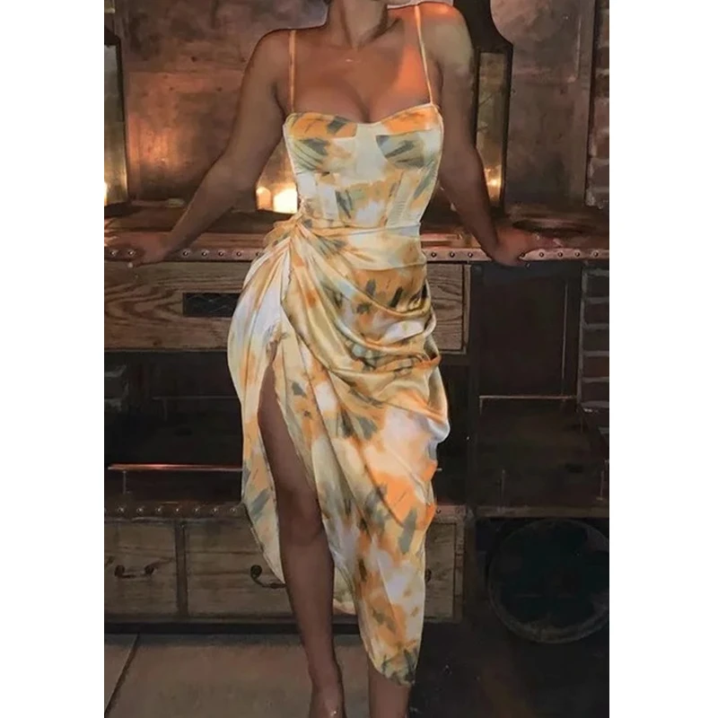 

2021 summer dress women's sexy irregular pleated suspender dress ladies fashion flower print midi dresses