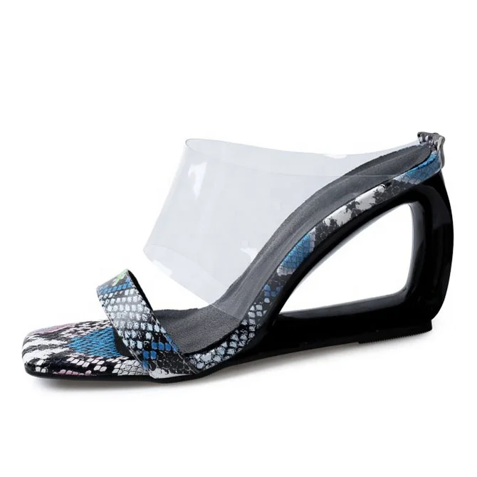 

Cut Out Wedge Heels Women PVC Slippers Snake Print High Heel Pumps Big Size Sandals Shoes Woman, Green white