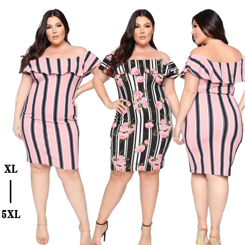

Plus size women's summer new style striped one-shoulder lotus leaf collar sexy print striped short-sleeved elegant dress