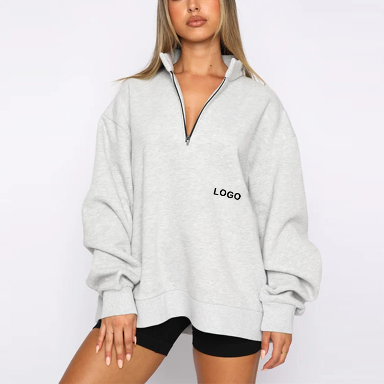 Custom logo women causal premium hoodies oversized organic cotton half zip sweatshirt for women