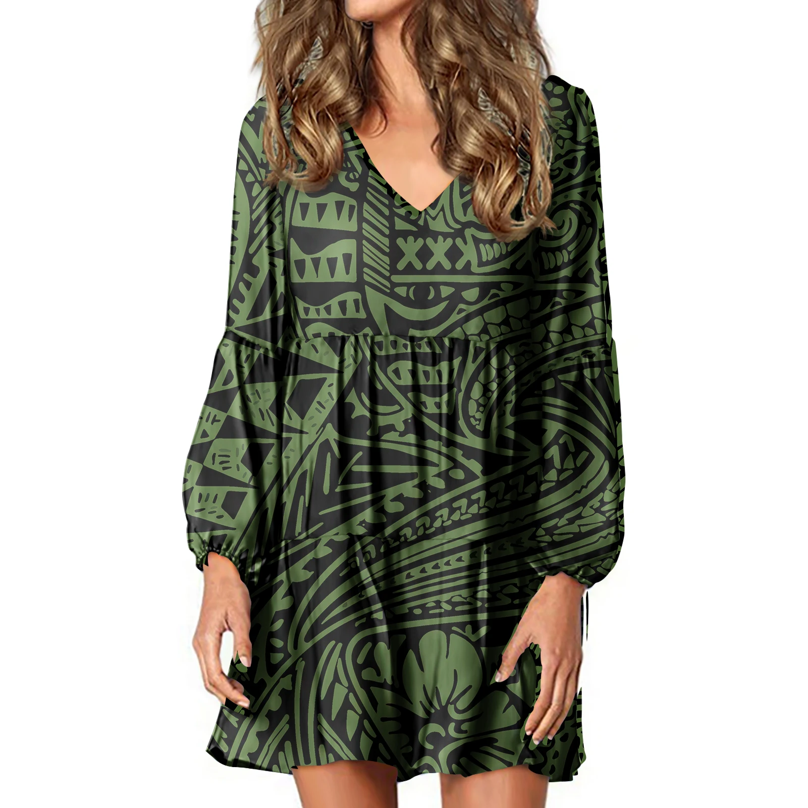 

Dresses Women Casual Long Sleeve Green Stripe Pattern 3D Print Women Colorful Mini Dress Plus Size Grace Polynesian Tribal Dress, Customized color