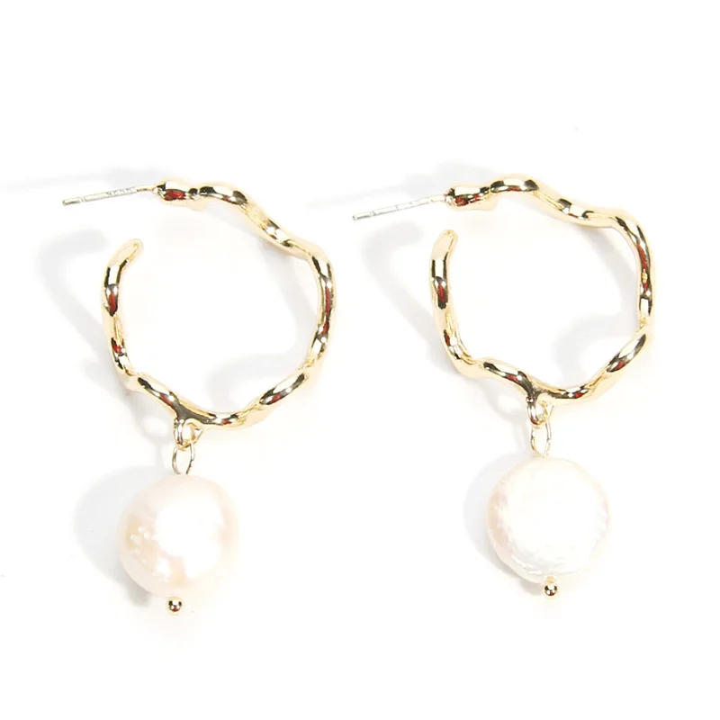 

Hot Sale Elegant S925 Hollow Hoop Pearl Drop Earring Irregular Twisted Natural Freshwater Pearl Earrings, Picture shows/custom color