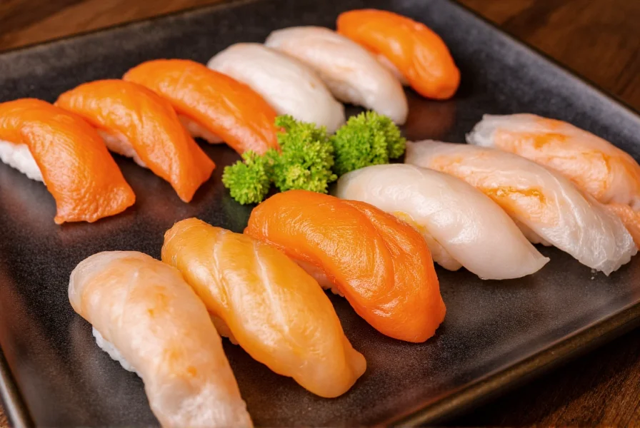 Traditional Japanese sushi platter showing proper placement of gari (pickled ginger) between nigiri pieces