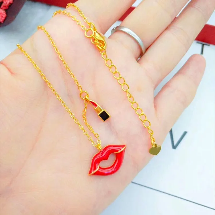 

Gold Red Lip Lipstick Set Chain Gold Plated Necklace Set Lady Jewelry