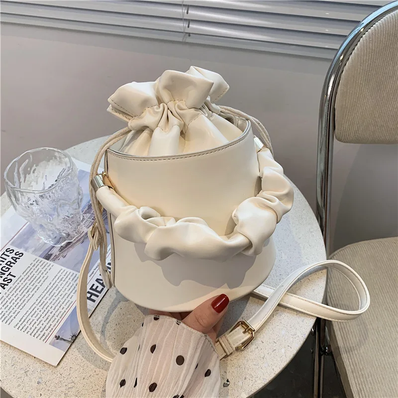 

Wholesale new fashion PU leather pleated handle bucket shape woman drawstring bags elegant handbags, Customsized