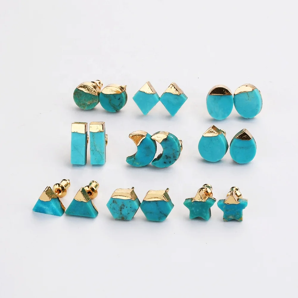 

G2077 Gold Plated Turquoise Gemstone Jewellery 925 Sterling Silver Natural Blue Turquoise Earrings Stud For Women
