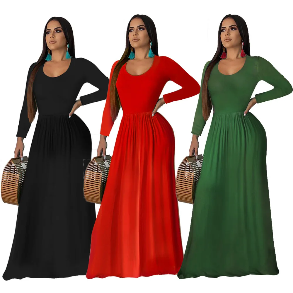 

QJX fall abaya women muslim long sleeve pure color waist plus size church dresses xl