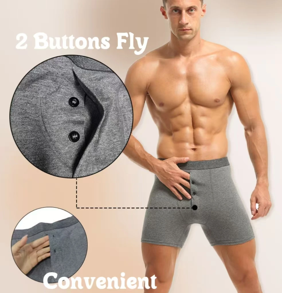 Rib Cotton Underwear Panties for Men Breathable Mid-waist Brief Boxer Pants Front Open Buckle Underpants European Big Size L-5XL