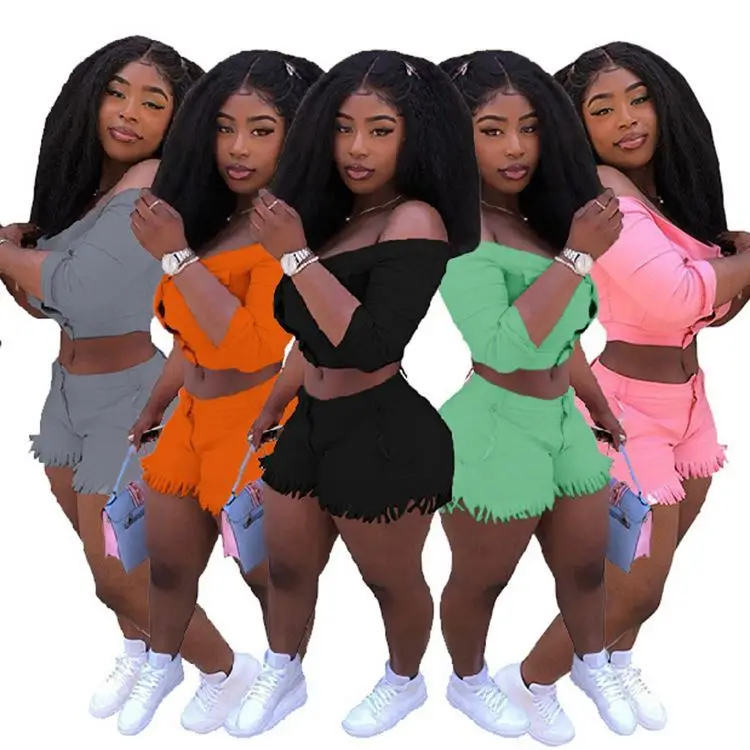 

HEBE Off Shoulder Crop Top 2 Piece Woman 2021 Summer Plus Size Outfits Two Piece Set Women Clothing