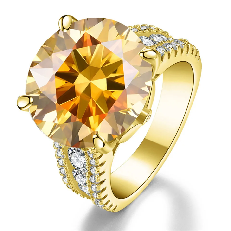 

Luxury Jewelry Bigger 10 Carats Golden Diamond Moissante 18K Gold Plated 925 Sterling Sliver Engagement Rings For Women